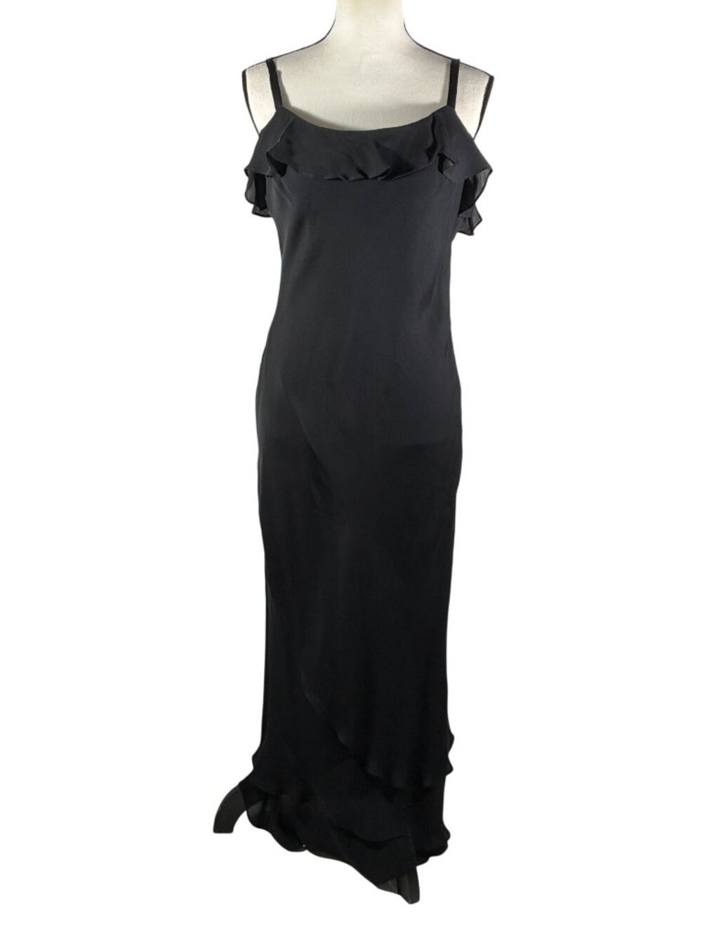 Lauren Ralph Lauren vintage Black Silk chiffon Maxi slip Dress layered Ruffle De